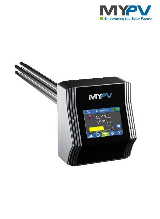 Hier wird der MY PV ELWA 2 Heizstab abgebildet. Man sieht die Heizstäbe und das Display.